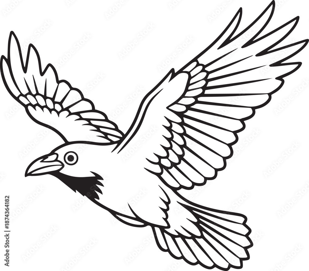 Obraz premium Black and White Flying Raven Line Art Vector Illustration