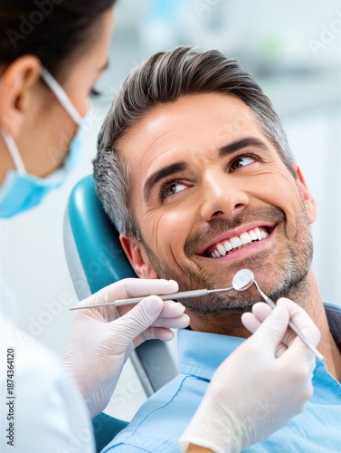 A dentist is checking a man's teeth with dental tools while he smiles confidently. Dental care and hygiene.