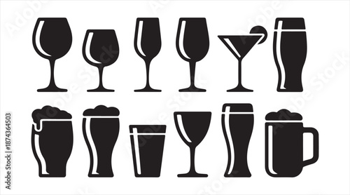 Monochrome drinkware and beverage glass icon collection in flat design
