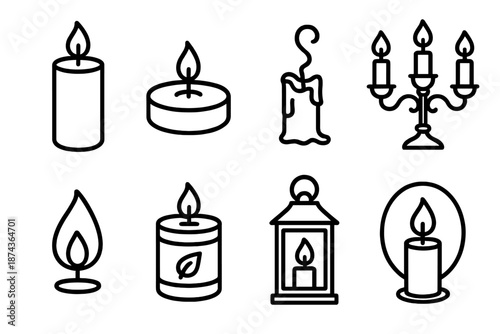 Candlelight Icon Collection. Candlelightset in outline vector style pillar candle, floating candle, candle with smoke, candelabra, candle flame close-up,