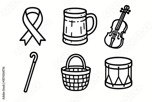 St. Patrick's Day Icons. St. Patrick’s Day Celebration Elements traditions set in outline vector style: green ribbon, rustic mug, fiddle, walking stick, woven basket, simple drum