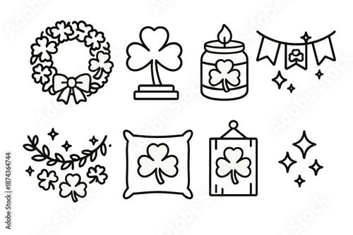 Festive St. Patrick's Icons. St. Patrick’s Day Home Decor set in outline vector style: wreath, tabletop clover, candle jar, fabric bunting, leafy garland, cozy cushion, wood plaque, subtle sparkle