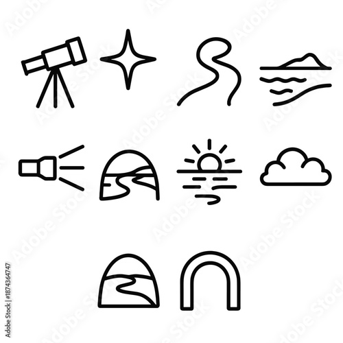 Telescope Exploration Icons. Expanding Horizons set in outline vector style: telescope silhouette, guiding star, winding path, far-off coast, clarity beam, elevated view, calm sky, opportunity arc