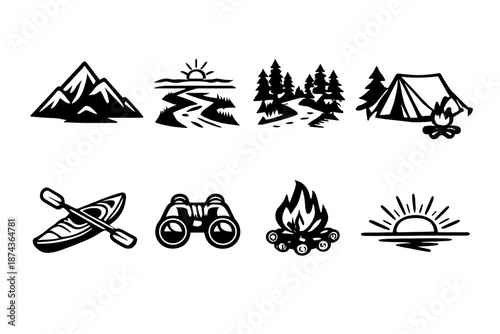 Adventure Icons Collection. Adventure travelset in outline vector style mountain peak, river trail, forest path, tent, kayak, binoculars, campfire, sunrise horizon