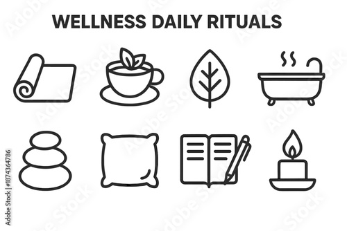 Daily Wellness Icons. Wellness Daily Rituals set in outline vector style: yoga mat, herbal tea, wellness leaf, warm bath steam, balanced stones, comfort pillow, journal pen, restorative flame