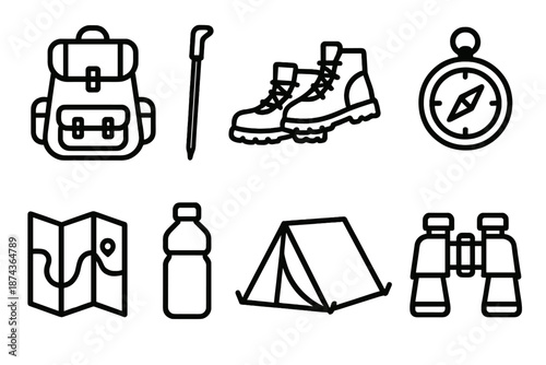 Outdoor Adventure Gear. Green Refuge Adventure Tools set in outline vector style : backpack, walking stick, hiking boots, compass, map, water bottle, tent, binoculars