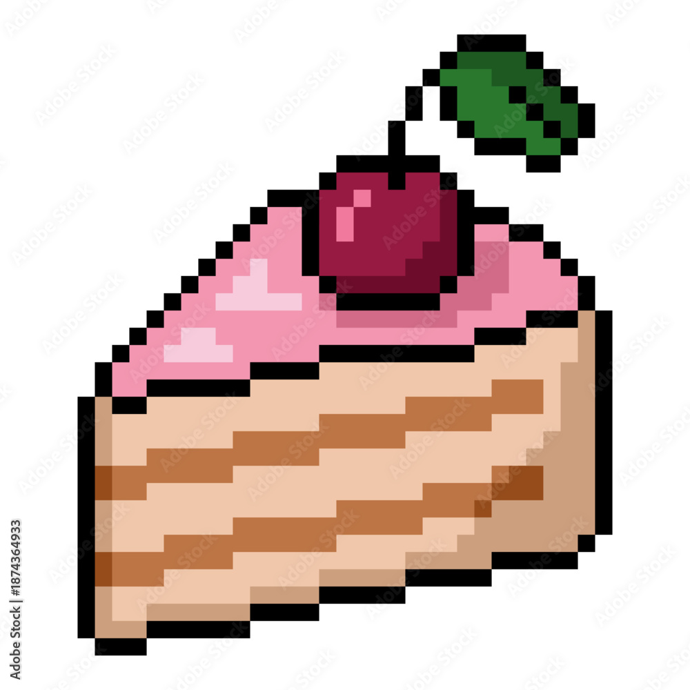 Fototapeta premium Vector Pixel Art Icon - Piece of Cake with Cherry