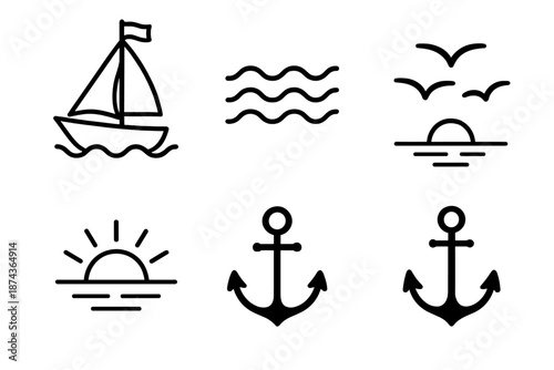 Sailboat Adventure Icons. Sea boat rideset in outline vector style sailboat, ocean waves, seagull, horizon sun, anchor, flag on mast
