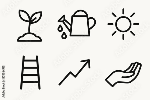 Mentorship Growth Symbols. Mentorship growth symbols set in outline vector style: seedling, watering can, sun, ladder, arrow upward, supportive hand