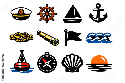 Maritime Icon Set. Maritime Life icon set in silhouette bold style. Contain captain hat, ship wheel, sail, anchor, rope knot, telescope, flag, wave, buoy, compass, shell, horizon sun