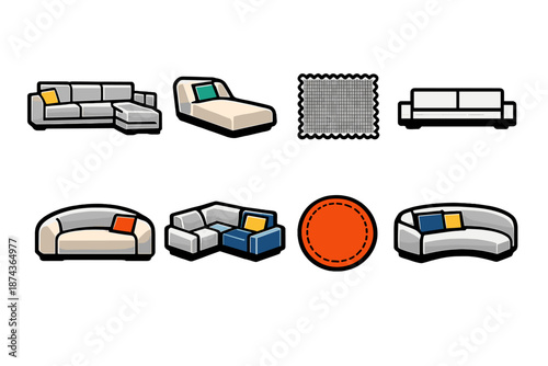 Brutalist Sofa Icon Set. Modern couch icon set in silhouette bold style. Contain sectional sofa, chaise lounge, fabric texture, minimal lines, geometric shape, accent pillow, soft curve, clean outline