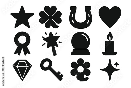 Charmfield Icon Set. Charmfield icon set in silhouette bold style. Contain star, four-leaf clover, horseshoe, heart, ribbon, magic wand, crystal ball, candle, gemstone, key, flower, sparkle
