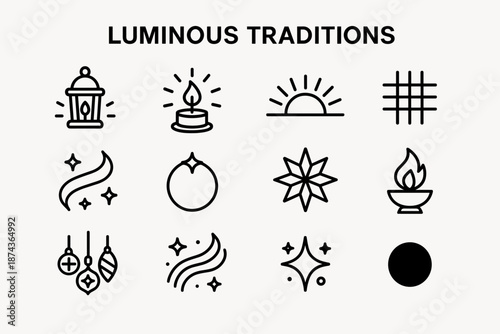 Luminous Festival Icons. Luminous Traditions set in outline vector style: radiant lantern, glowing candle, sun ray arc, woven pattern, festive ribbon sweep,