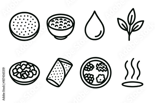 East African Culinary Icons. East African Heritage Cuisine set in outline vector style: injera-style round, lentil bowl, spiced butter droplet, herbal sprig,