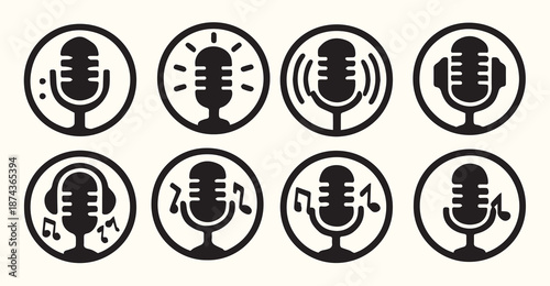 nine black microphone icons set circle background music