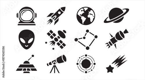 Minimal space exploration and astronomy icon collection in flat black style