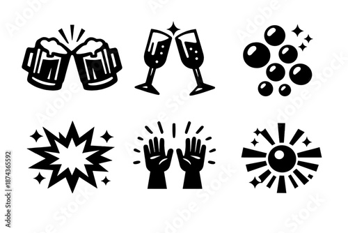 Brutalist Celebration Icons. Celebratory toast icon set in silhouette bold style. Contain clinking glasses, champagne flute, rising bubbles, sparkle burst, raised hands, joyful glow