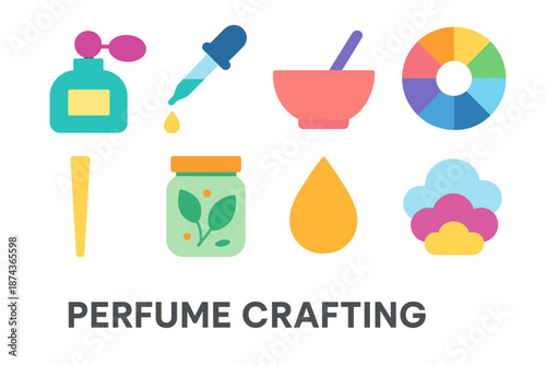 Perfume Crafting Icons. Perfume Crafting vector set in modern flat style : glass perfume flask, pipette drop, blending bowl, aroma wheel motif, scent strip,