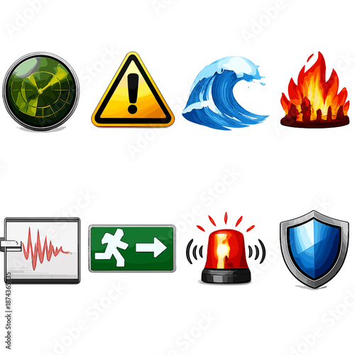 Environmental Alert Icons. Environmental Warning System: weather radar, hazard symbol, flood wave, wildfire flame, seismic graph, evacuation route, public alert icon, safety shield