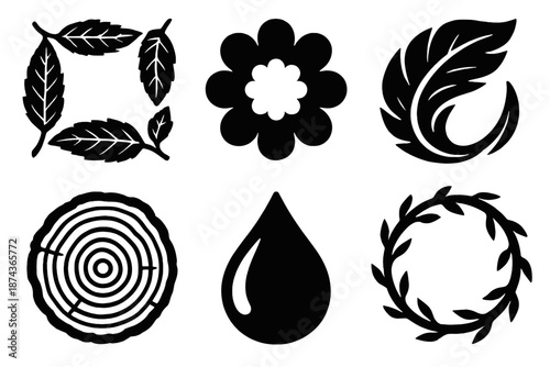 Brutalist Nature Icons. Nature crafting icon set in silhouette bold style. Contain dried leaf frame, petal badge, feather swirl, wood slice, dew drop, vine loop