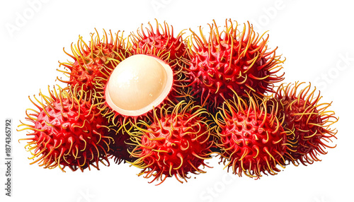 A vibrant close-up showcasing exotic rambutan fruits, displaying their spiky red shells and a peeled fruit revealing its juicy white flesh
