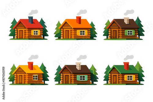 Minimalist Cabin Vector. Rustic wooden cabin vector set in modern flat style : log cabin house, pitched roof, chimney smoke, wooden door, window shutters, forest trees