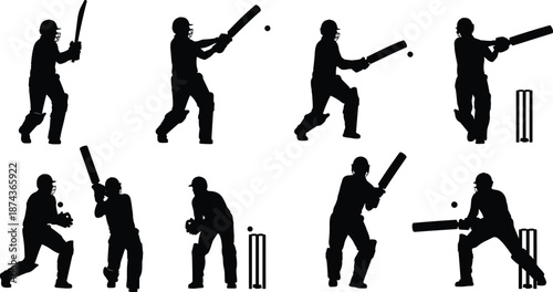 Cricket batsman silhouette set, batting and fielding poses, sports action collection, black vector illustration isolated on white background design template