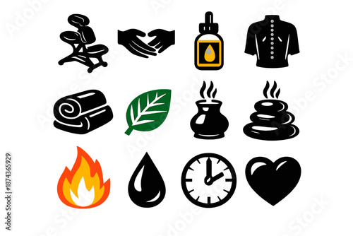 Therapeutic Massage Icons. Therapeutic Massage icon set in silhouette bold style. Contain massage chair, hands, essential oil, back illustration, towel, leaf,