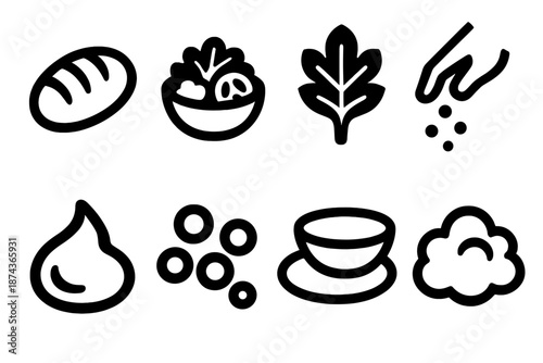 Brutalist Meal Icons. Meal Enhancements icon set in silhouette bold style. Contain bread roll, small salad portion, garnish leaf, seasoning sprinkle, condiment
