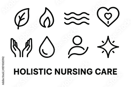Holistic Care Symbols. Holistic Nursing Care set in outline vector style: wellness leaf, calm flame, gentle wave, balanced heart, open hands, soothing droplet, comfort curve, renewal spark