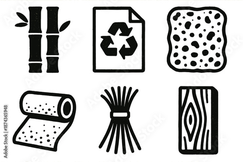 Eco Materials Icons. Eco friendly materials icon set in silhouette bold style. Contain bamboo stalk, recycled paper sheet, cork texture, hemp fabric roll, natural fiber bundle, wood plank