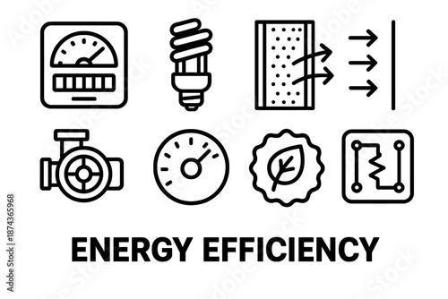 Energy Efficiency Icons. Energy Efficiency set in outline vector style: energy meter, low-power bulb, insulated panel, airflow arrows, efficient pump,