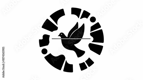 Stylized dove of peace soaring through abstract broken circle, symbolizing hope and unity.