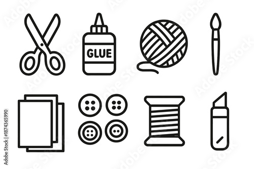 Crafting Tools Icons. Home Crafts set in outline vector style: scissors, glue bottle, yarn ball, paintbrush, paper sheets, button set, thread spool, craft knife