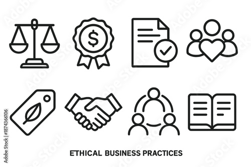 Ethical Business Icons. Ethical Business Practices set in outline vector style: balanced scales, fair-wage badge, transparency document, community heart,