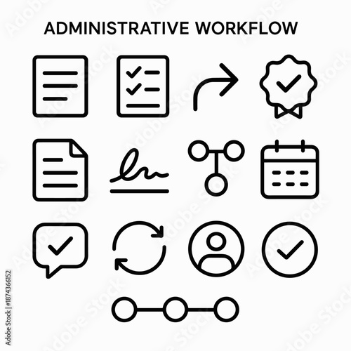 Administrative Workflow Icons. Administrative Workflow set in outline vector style: form tile, checklist icon, routing curve, approval badge, file card,