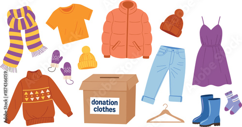 Clothing donation box, assorted garments, winter wear, seasonal clothes, charity concept, community support, flat vector illustration