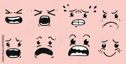 set of nine black and white cartoon emoticons displaying 