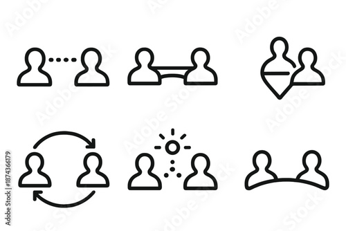 Connected Icons Design. Connected Distance set in outline vector style : distant silhouettes, bridging beam, shared pulse dots, long-range arc, tele-link