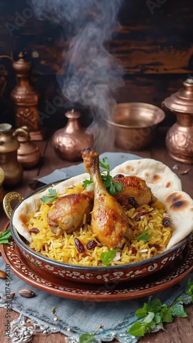 Wallpaper Mural Spiced kabsa rice dish arranged neatly with grilled chicken pieces and vegetable garnish Torontodigital.ca