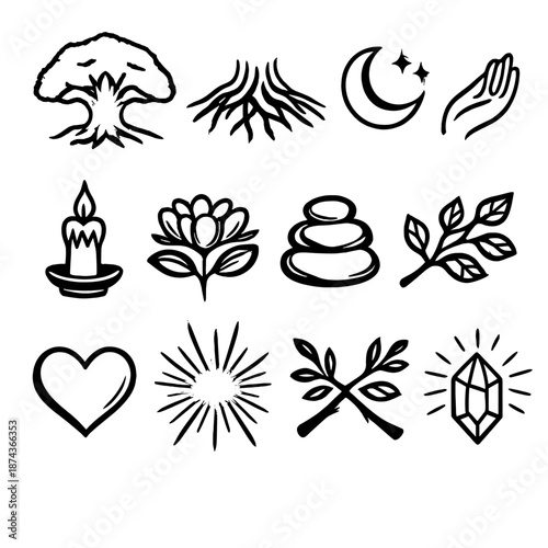 Sacred Nature Icons. Sacred Treesset in outline vector style ancient tree, roots, leaf, moon, star, hand, candle, flower, stone, branch, heart, light rays