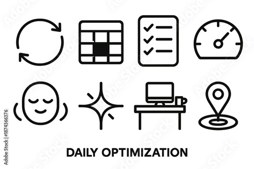Productivity Icons Set. Daily Optimization set in outline vector style: routine loop, time block chart, checklist, energy gauge, calm breath lines, productivity spark, simple workspace, goal marker