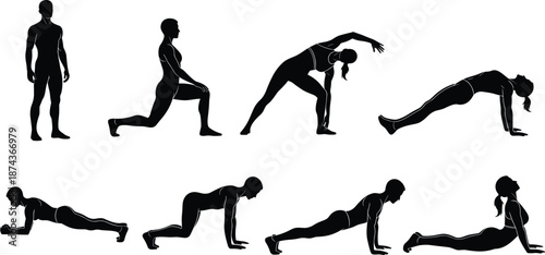 Fitness silhouette workout sequence, showing yoga poses, stretching exercises for strength flexibility training, isolated black figures on white background vector