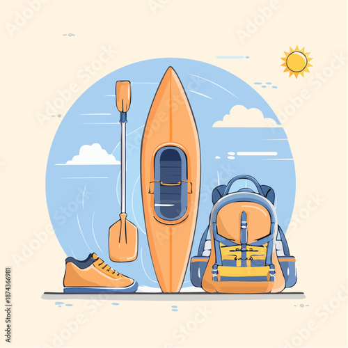 Outdoor adventure preparation with a kayak, paddle, and backpack on a sunny day