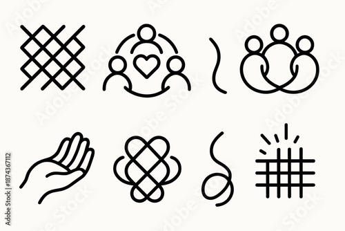 Social Fabrics Icons. Social Fabrics set in outline vector style: woven connection lines, shared heart, community circle, supportive hand, harmony knot, flowing thread, unity spark, collective weave