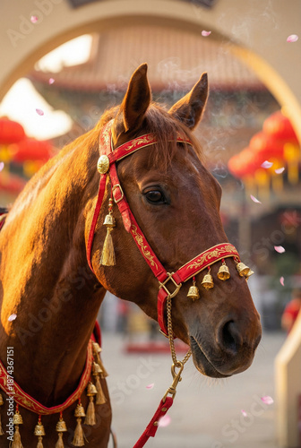 Decorated Brown Horse with Red and Gold Tack in Front of Temple Gate During Chinese New Year Celebration