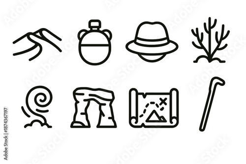 Desert Adventure Icons. Desert Adventure set in outline vector style: dune crest, canteen, sun hat, desert shrub, sandstorm swirl, sandstone arch, map scroll, walking staff