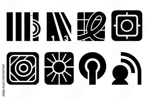 Urban Icon Set. Rhythm Move Urban Flow icon set in silhouette bold style. Contain crosswalk pulse tile, metro stripe, alley motion bar, neon loop, pavement