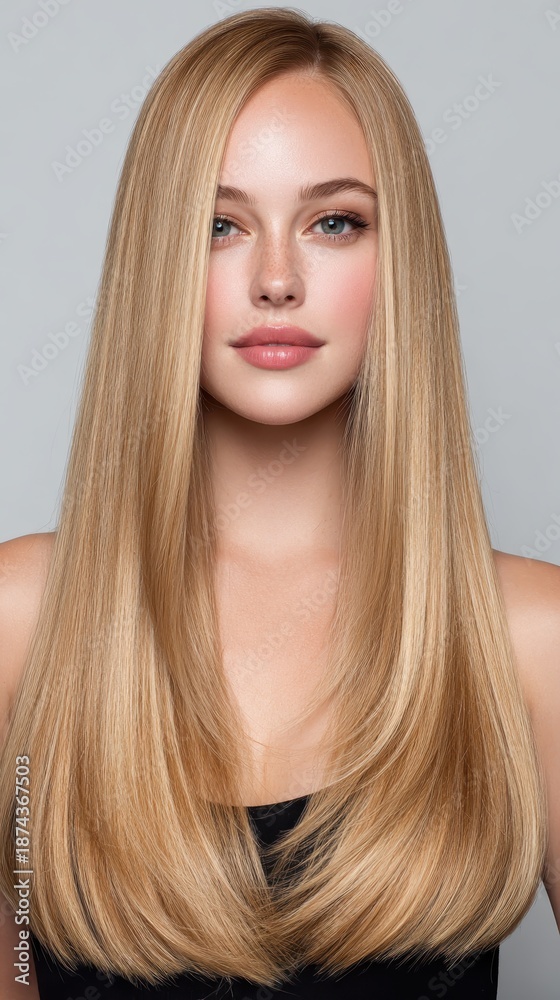 Naklejka premium Blonde woman with long straight hair, showcasing healthy, smooth, and beautiful locks perfect for concepts related to hair care, beauty products, modeling, and elegant styling