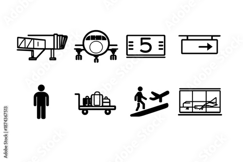 Airport Icon Set. Airport dockingset in outline vector style jet bridge, airplane nose, runway marker, gate sign, passenger icon, luggage cart, boarding symbol, terminal window